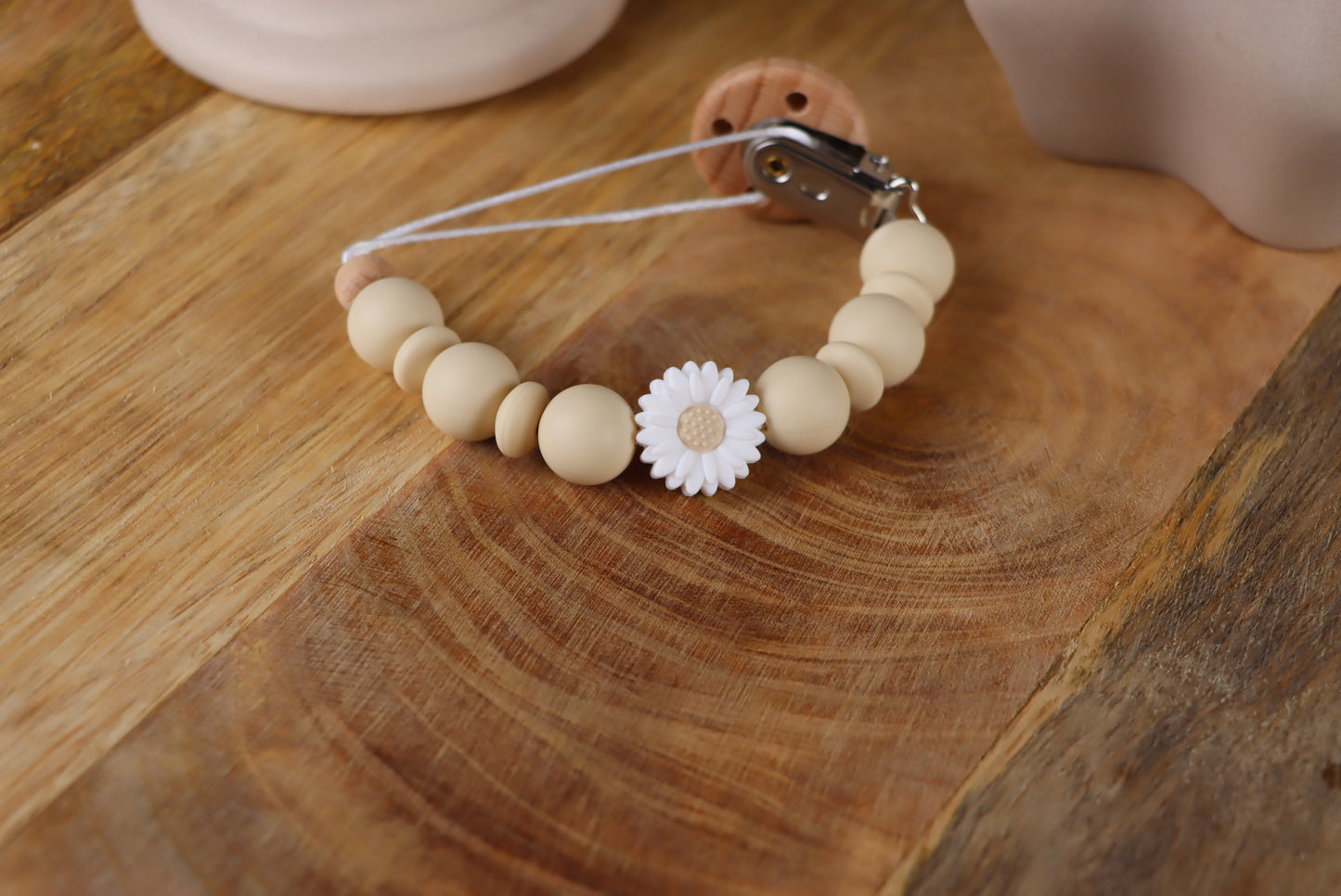 Schnullerkette Beige/weiß- Silikon