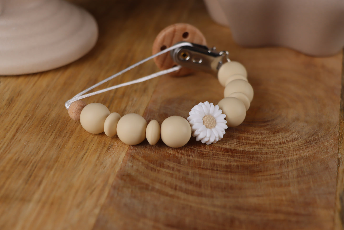 Schnullerkette Beige/weiß- Silikon